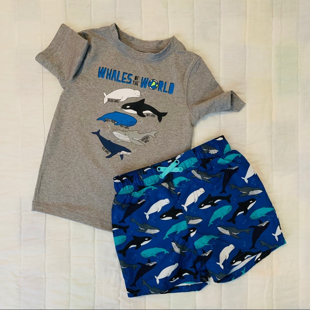 Cat & Jack Swim Trunk Rash Guard Set Whales 3T